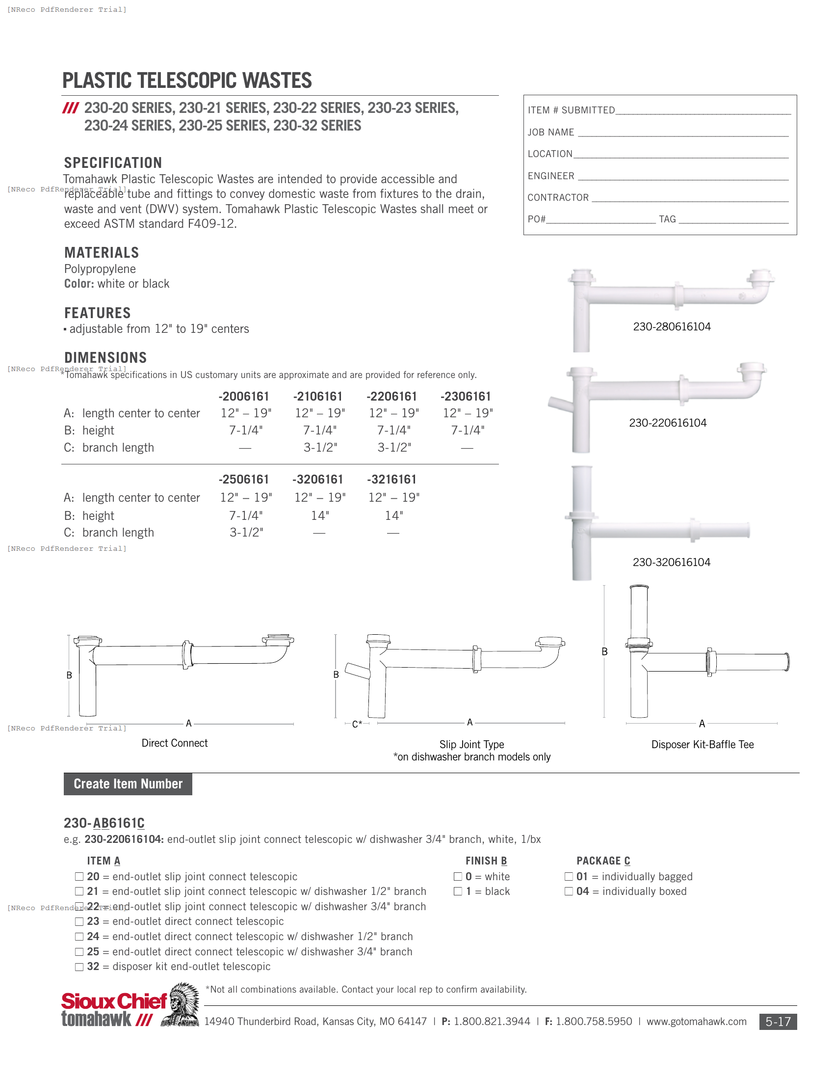 230 SERIES - PLASTIC TELECOPIC WASTE - SPEC SHEET.PDF Specification Document